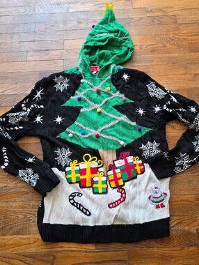 Men's Christmas Tree Hooded Ugly Crewneck Sweater - Green/Black